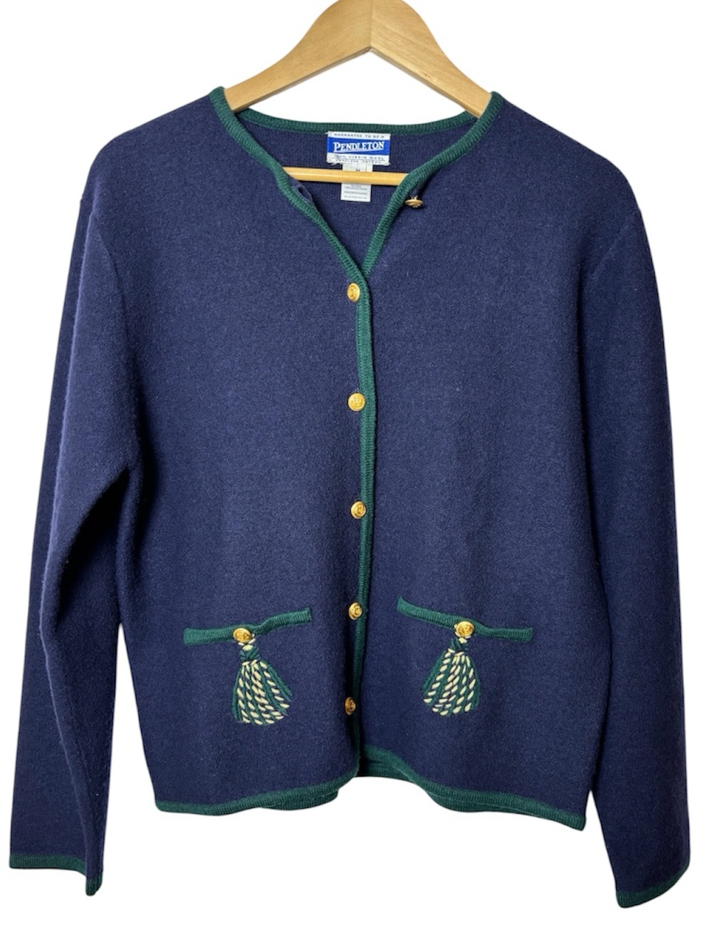 VTG Pendleton Cardigan Women Medium Merino Wool Sweater Button Up Blue Tassels